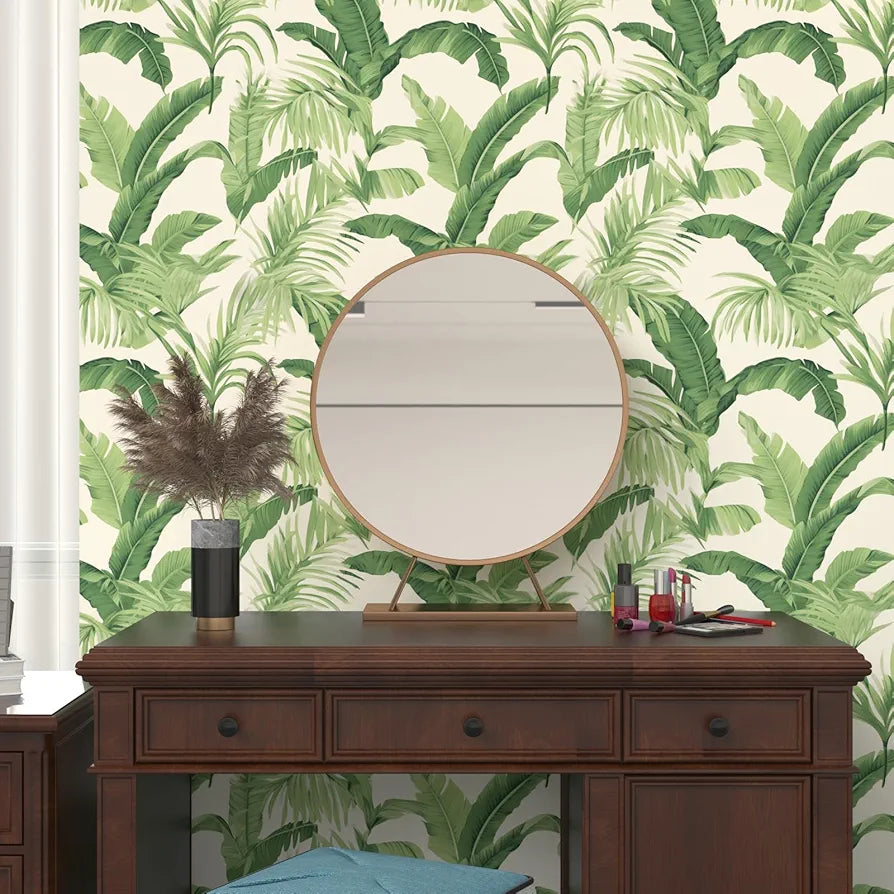 Leaf Wallpaper Peel and Stick, Beige Green Botanical Contact Paper, Tropical Palm Leaves Wall Paper Self Adhesive Waterproof Removable for Room Shelves Cabinet Drawer Table 17.5" x 118"