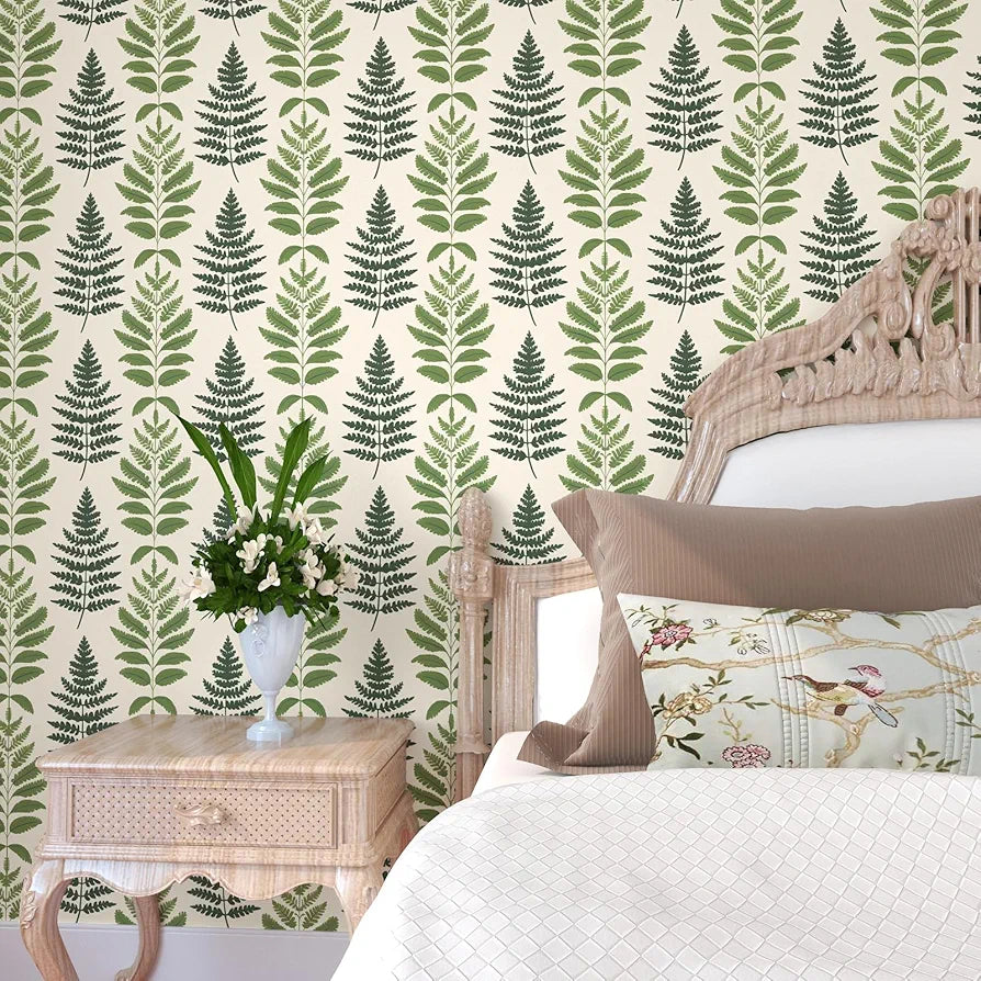 Green Leaf Wallpaper Peel and Stick, Muted Beige Botanical Leaves Contact Paper, Modern Vinyl Boho Wall Paper Self Adhesive Waterproof for Bedroom Cabinet Shelf Drawer Table Countertop 17.5" x 118"