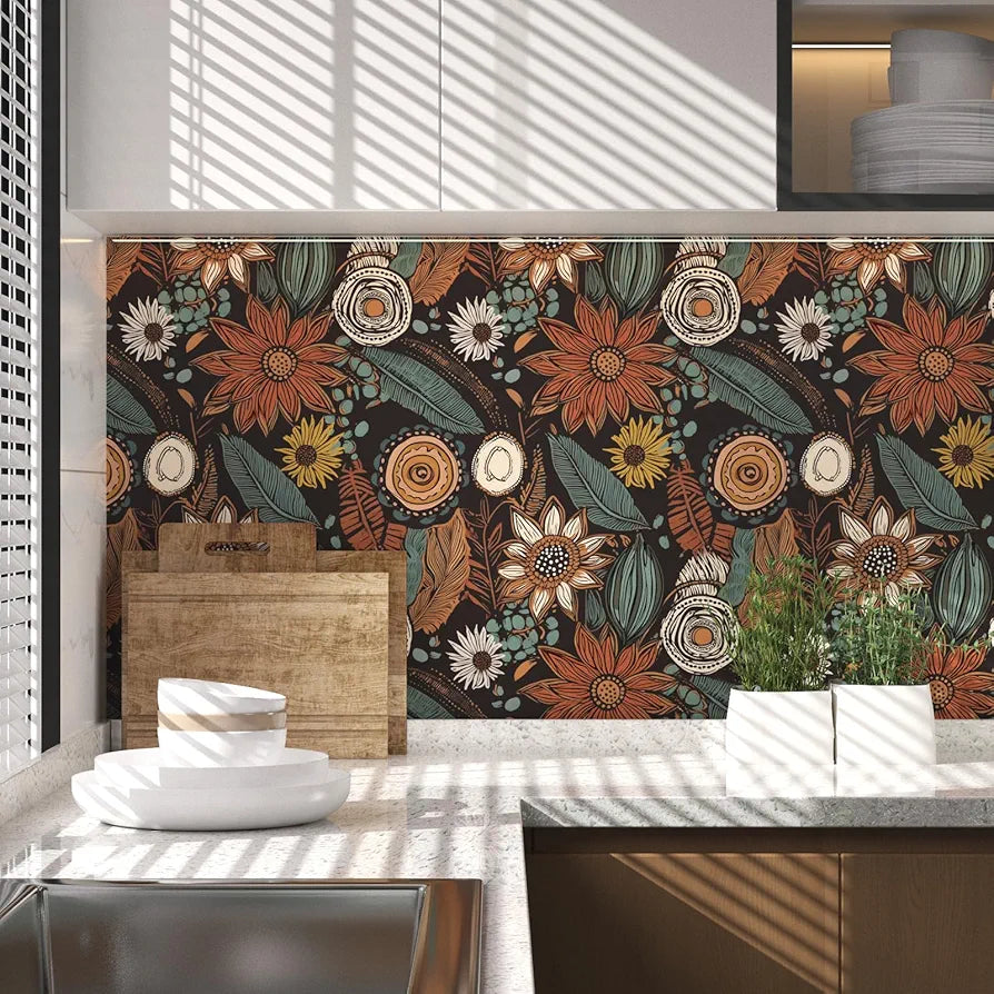 Boho Floral Wallpaper Peel and Stick,Vintage Botanical Contact Paper 17.5" x 118", Retro Flowers Wall Paper Self Adhesive Removable Waterproof for Walls Shelves Cabinet Table