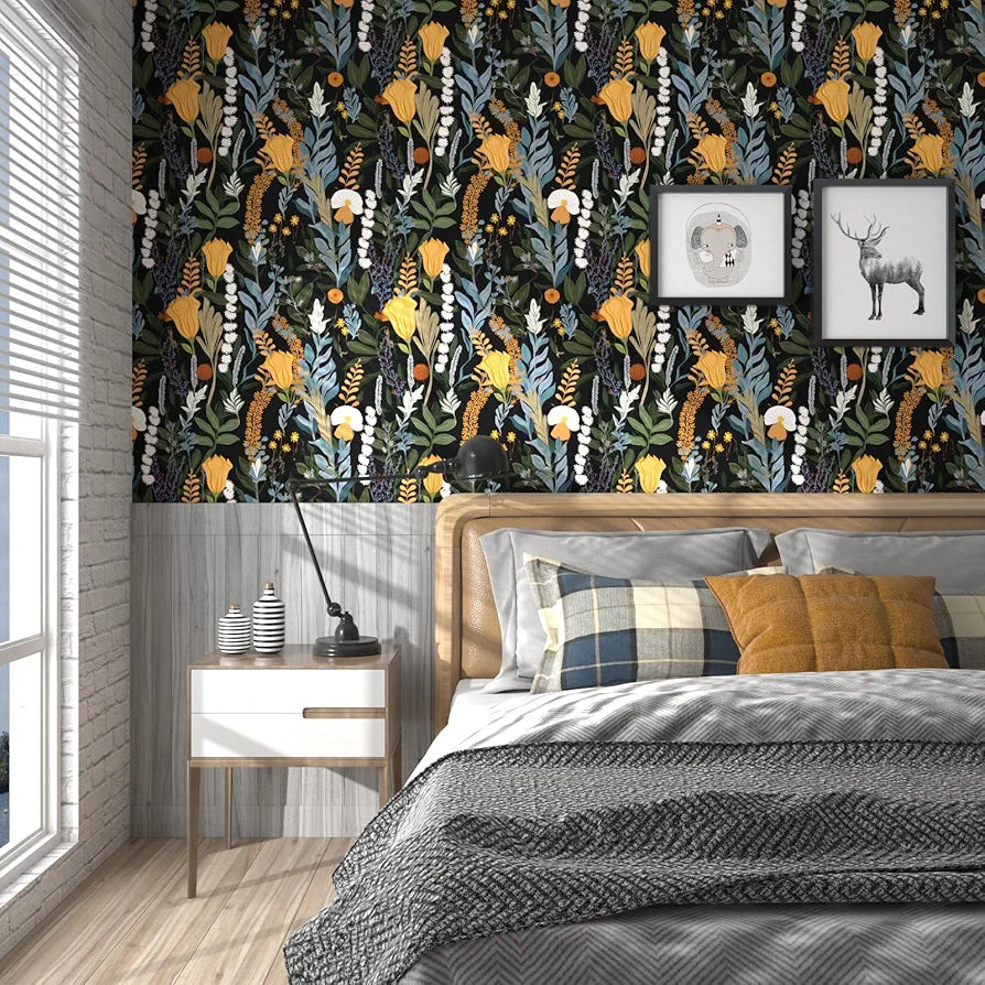 Boho Vintage Floral Wallpaper - Peel and Stick 17.5" x 118" Dark Botanical Contact Paper for Bedroom Walls and Bathroom Cabinets