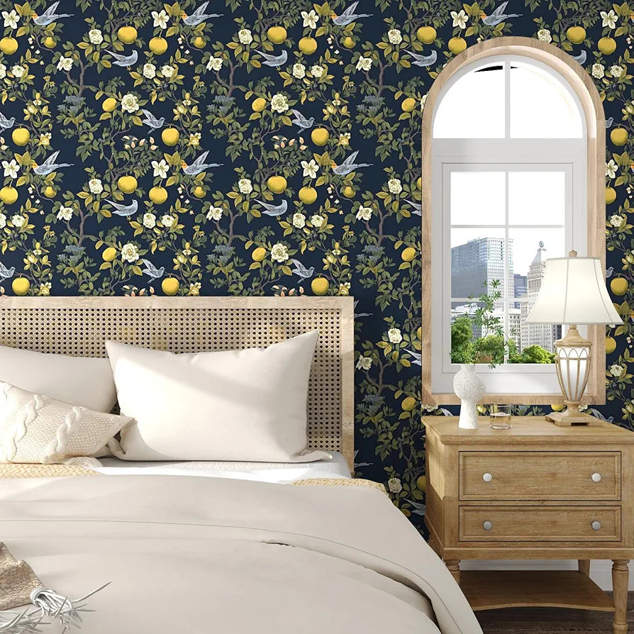 Birds Wallpaper Peel and Stick, Floral Contact Paper, Trees Friuts Flowers Wall Mural Removable Self Adhesive Waterproof for Room Shelves Cabinet Drawer Table 17.5" x 118"