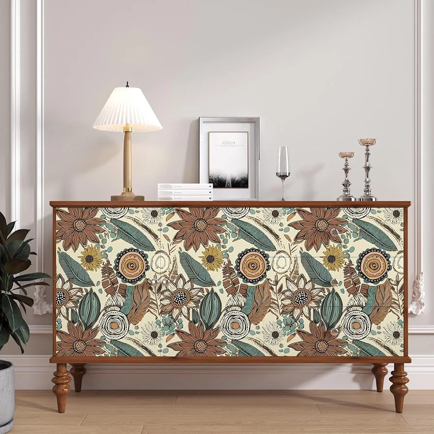 Boho Wallpaper Peel and Stick,Vintage Floral Contact Paper 17.5" x 118", Retro Botanical Flowers Wall Paper Self Adhesive Removable Waterproof for Walls Shelves Cabinet Table