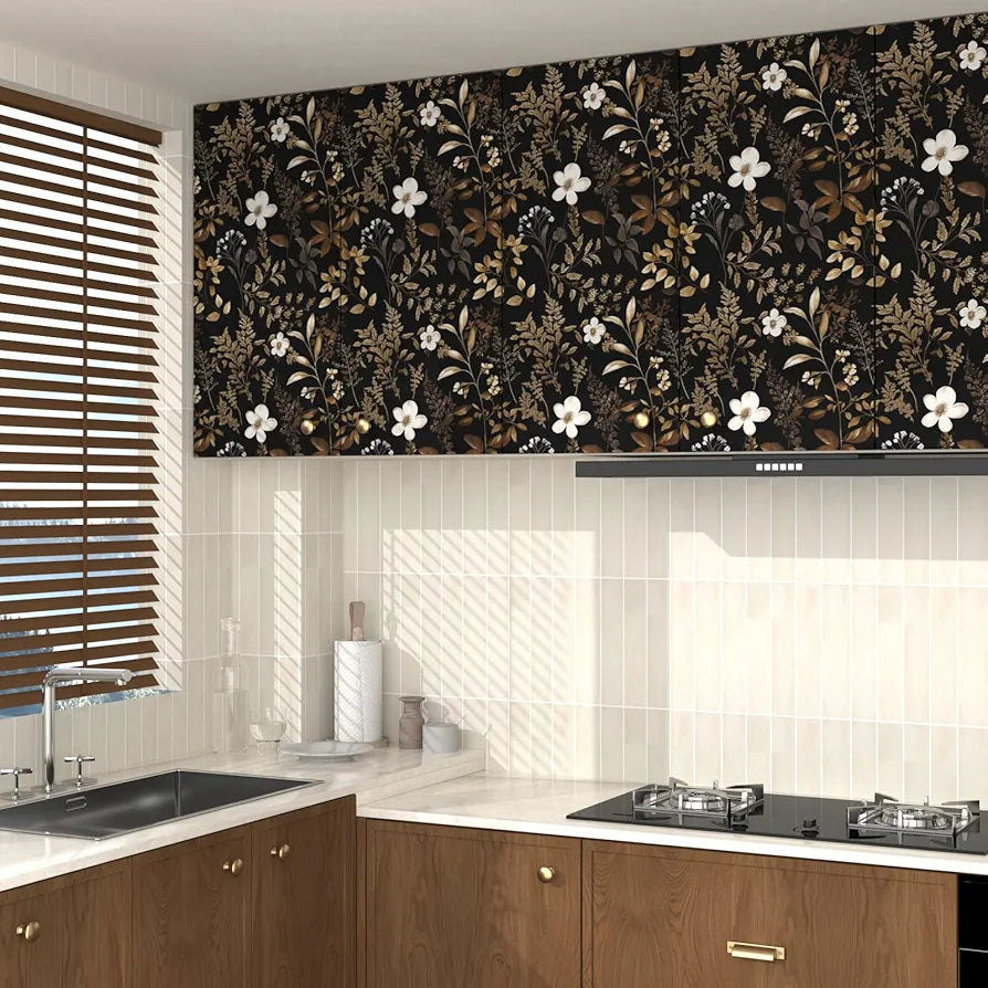 Black Floral Wallpaper Peel and Stick Boho Wallpapers 17.5" x 118" Gold Leaf Contact Paper for Cabinets Waterproof Self Adhesive Removable Wall Paper for Kitchen Table Countertop Walls