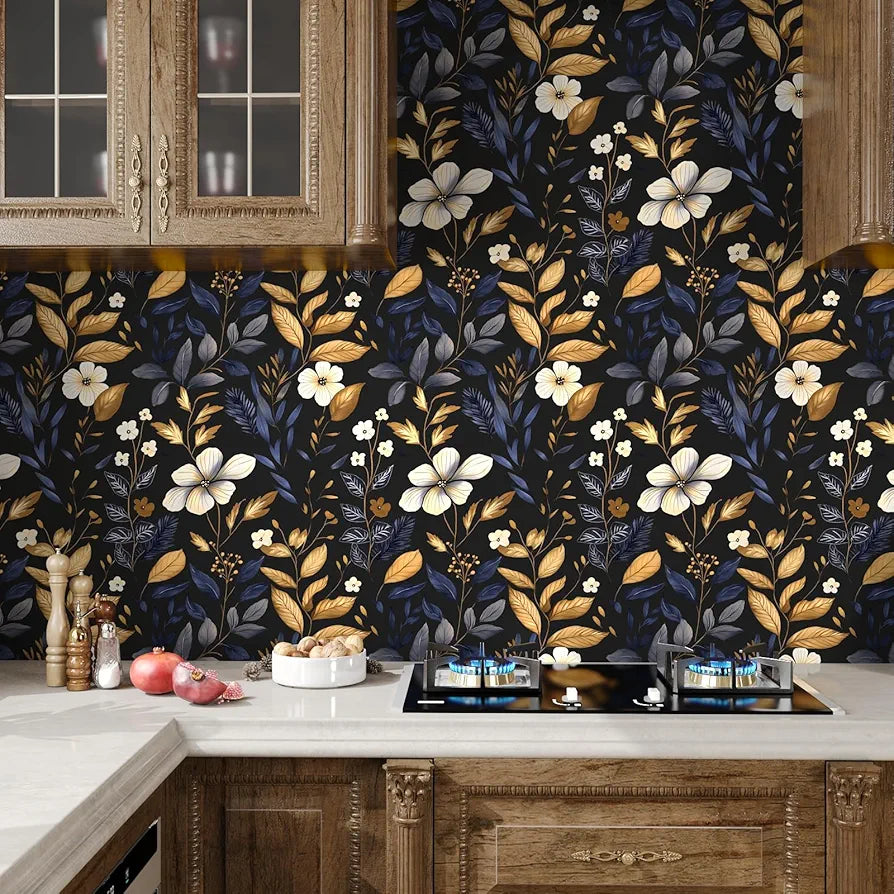 Blue/Gold Leaf Wallpaper Peel and Stick Vintage Dark Floral Wallpaper Waterproof Self Adhesive Removable Boho Wall Paper Modern for Bedroom Walls Drawer Cabinet 17.5in x118in