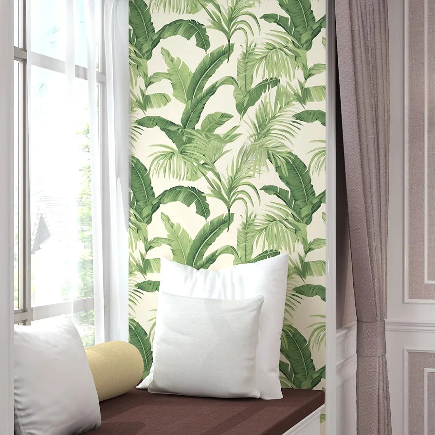 Leaf Wallpaper Peel and Stick, Beige Green Botanical Contact Paper, Tropical Palm Leaves Wall Paper Self Adhesive Waterproof Removable for Room Shelves Cabinet Drawer Table 17.5" x 118"