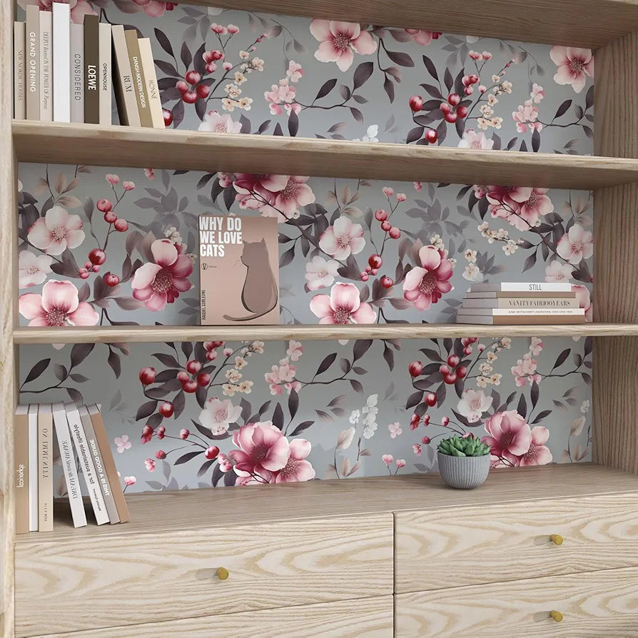 Pink Flowers Wallpaper Peel and Stick, Grey Floral Contact Paper, Vintge Botanical Boho Wall Paper Self Adhesive Waterproof Removable for Room Shelves Cabinet Drawer Table Decor 17.5" x 118"