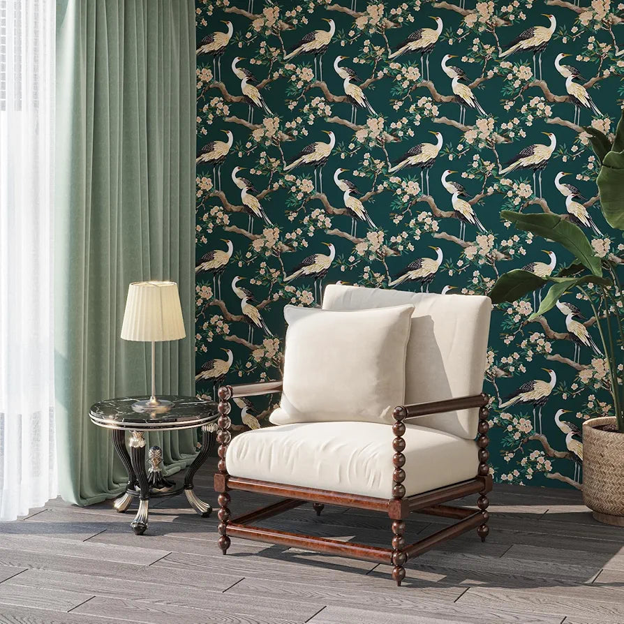 Dark Green Swan Peel and Stick Wallpaper, Crane Bird Floral Contact Paper 17.5 x 118in , Boho Vinyl Wall Paper Mural Removable Self-adhesive Waterproof for Bedroom Cabinet Shelf Drawer Renter Friendly