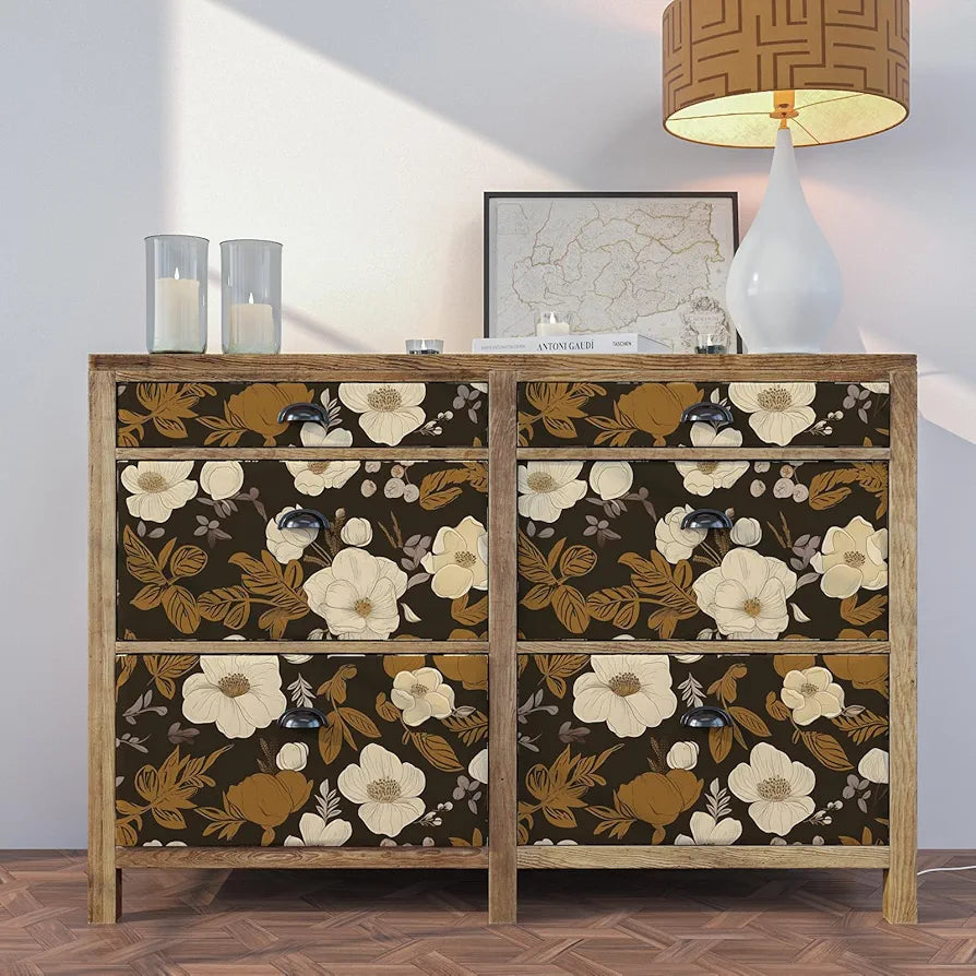 Dark Brwon Floral Wallpaper Peel and Stick, Beige Flower Contact Paper With Yellow Leaf, Botanical Wall Paper Self Adhesive Waterproof Removable for Room Shelves Cabinet Drawer Table 17.5" x 118"