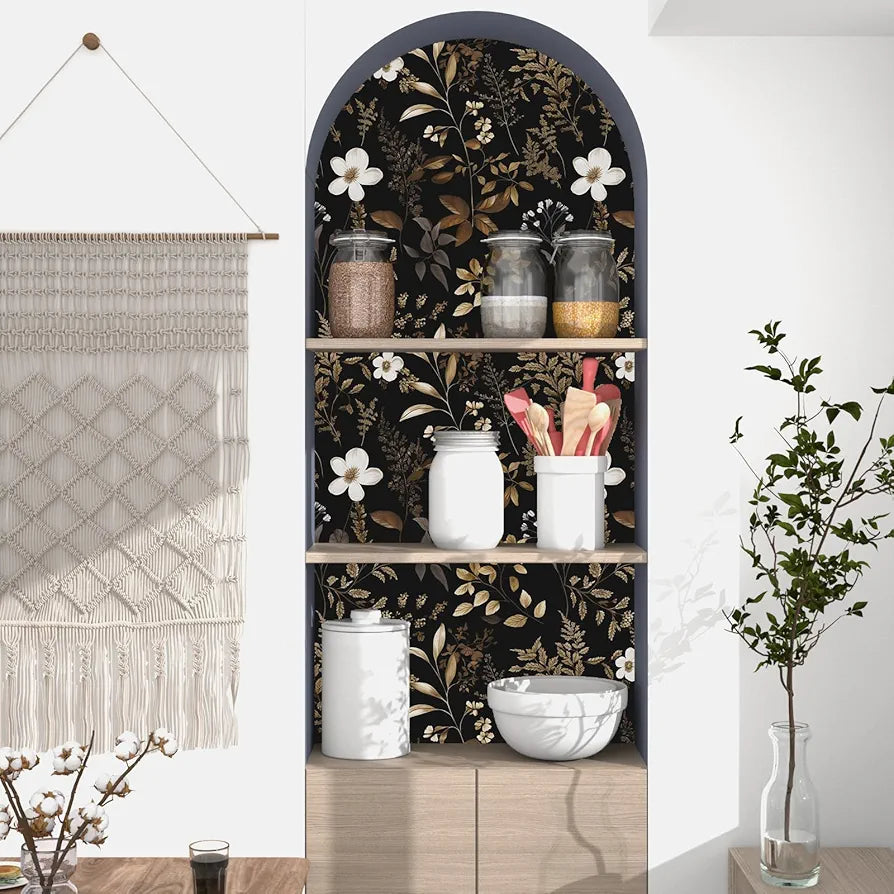 Black Floral Wallpaper Peel and Stick Boho Wallpapers 17.5" x 118" Gold Leaf Contact Paper for Cabinets Waterproof Self Adhesive Removable Wall Paper for Kitchen Table Countertop Walls