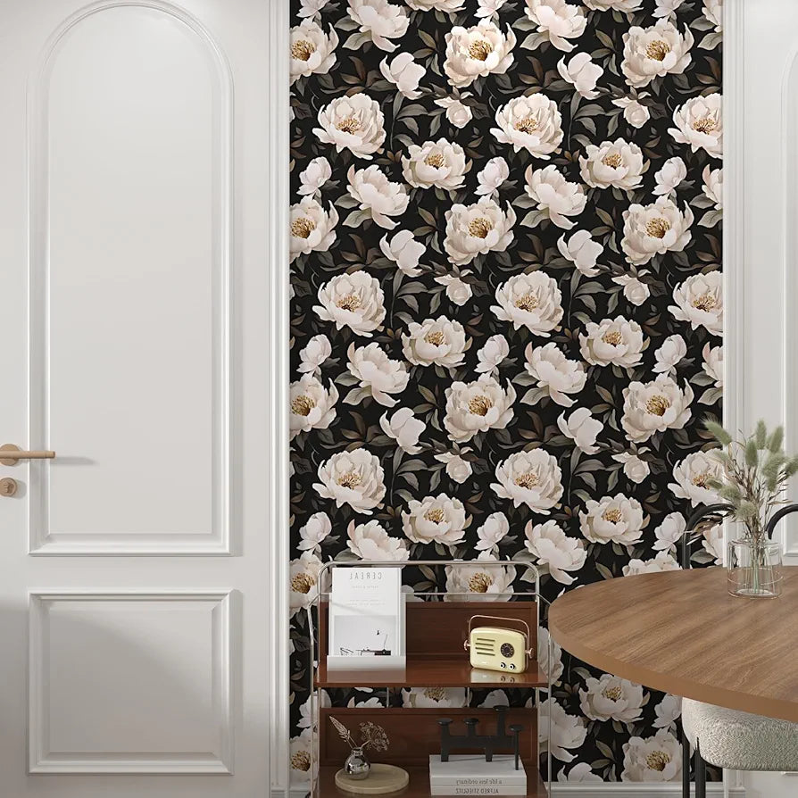 Floral Wallpaper Peel and Stick, Black/Beige Contact Paper Large Peony Flowers 17.5" x 118", Vintage Wall Paper Mural Self Adhesive Removable Waterproof for Room Bedroom Shelves Cabinet Drawer Table