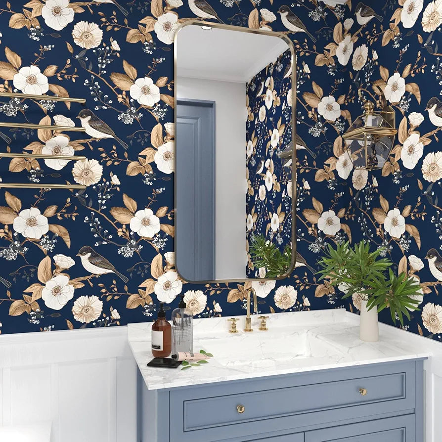 Blue Birds Wallpaper Peel and Stick Floral Botanical Contact Paper 17.5" x 118" Vintage Trees Flowers Wall Mural Boho Wallpaper Removable Self Adhesive Waterproof for Room Shelves Cabinet Drawer