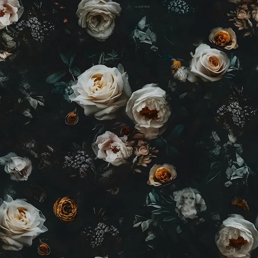 Black Floral Wallpaper Peel and Stick, White Golden Rose Flowers Contact Paper 17.5" x 118", Dark Botanical Wall Paper Removable Self Adhesive Waterproof for Room Shelves Cabinet Drawer Table Decor