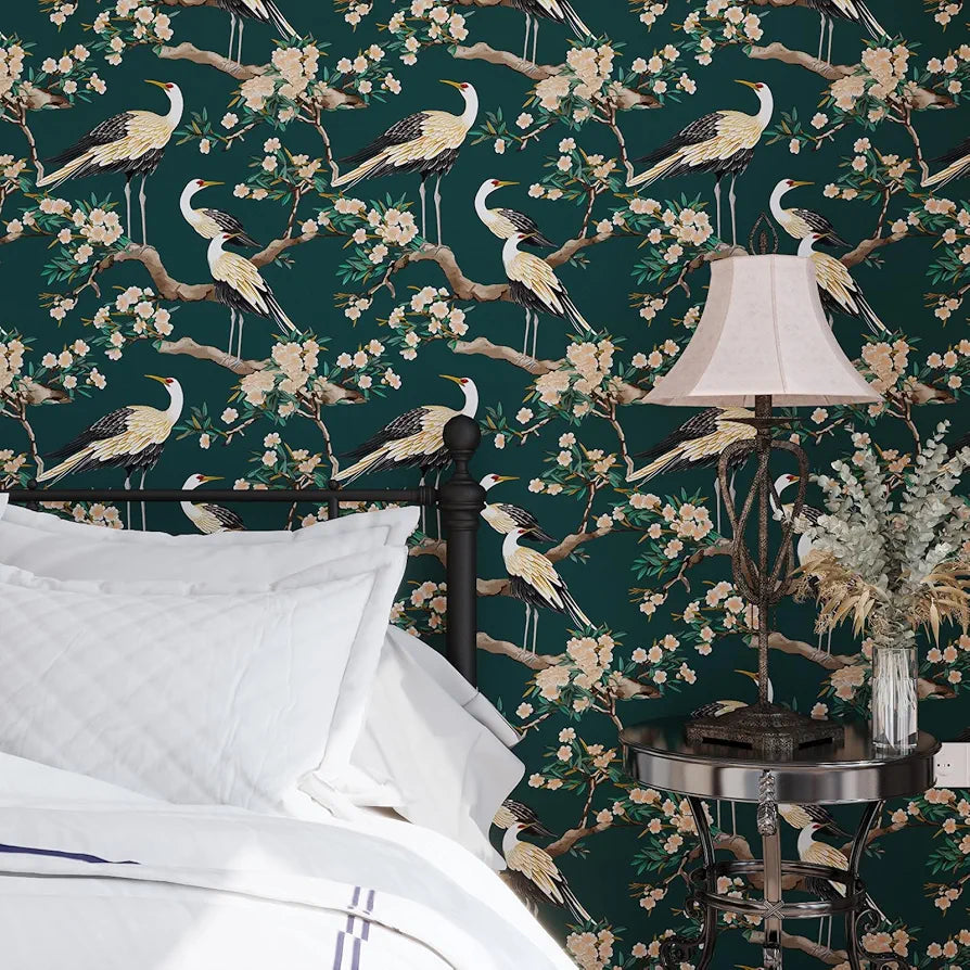 Dark Green Swan Peel and Stick Wallpaper, Crane Bird Floral Contact Paper 17.5 x 118in , Boho Vinyl Wall Paper Mural Removable Self-adhesive Waterproof for Bedroom Cabinet Shelf Drawer Renter Friendly