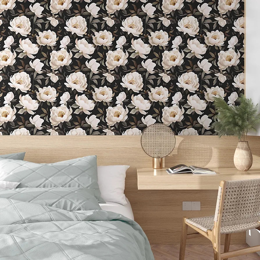 Floral Wallpaper Peel and Stick, Black/Beige Contact Paper Large Peony Flowers 17.5" x 118", Vintage Wall Paper Mural Self Adhesive Removable Waterproof for Room Bedroom Shelves Cabinet Drawer Table