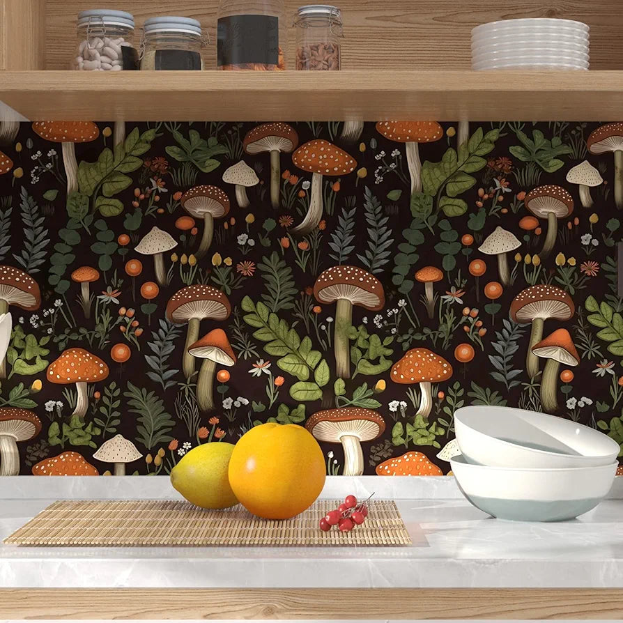 Mushroom Wallpaper Peel and Stick, Dark Boho Contact Paper 17.5" x 118", Vintage Floral Wall Paper Self Adhesive Removable Waterproof for Room Shelves Cabinet Drawer Table