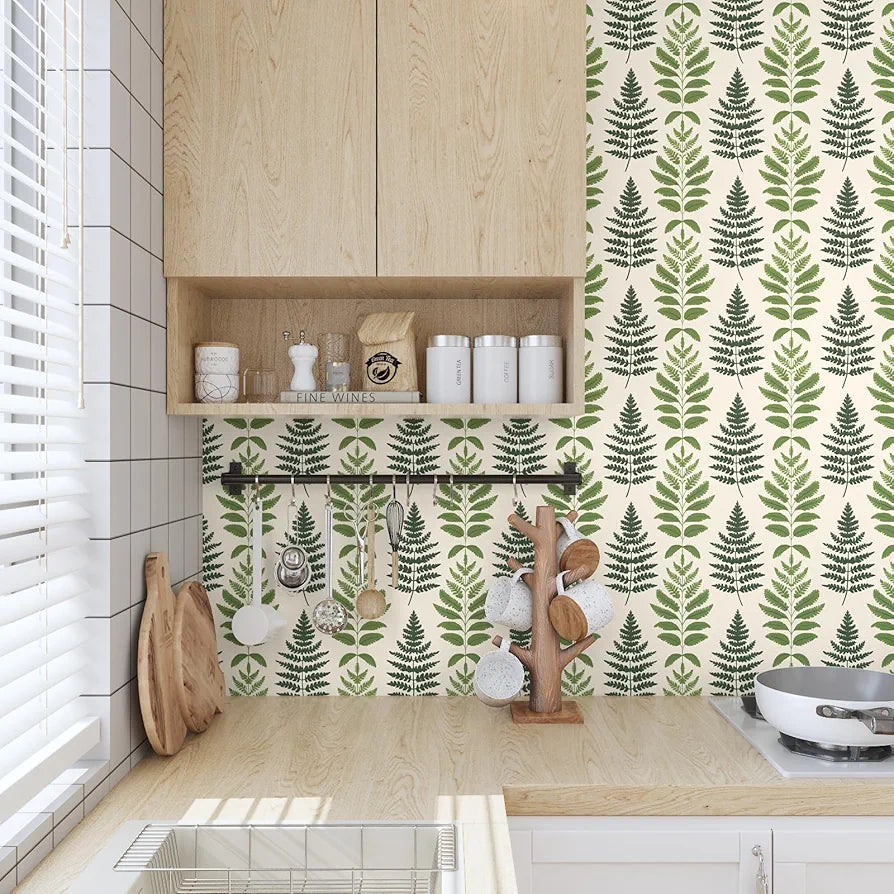 Green Leaf Wallpaper Peel and Stick, Muted Beige Botanical Leaves Contact Paper, Modern Vinyl Boho Wall Paper Self Adhesive Waterproof for Bedroom Cabinet Shelf Drawer Table Countertop 17.5" x 118"