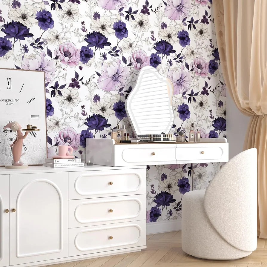Floral Peel and Stick Wallpaper,Purple/White/Pink Watercolor Flower Contact Paper, Botanical Wall Paper Mural Self Adhesive Removable Waterproof for Bedroom Shelves Cabinet Drawer Table 17.5" x 118"