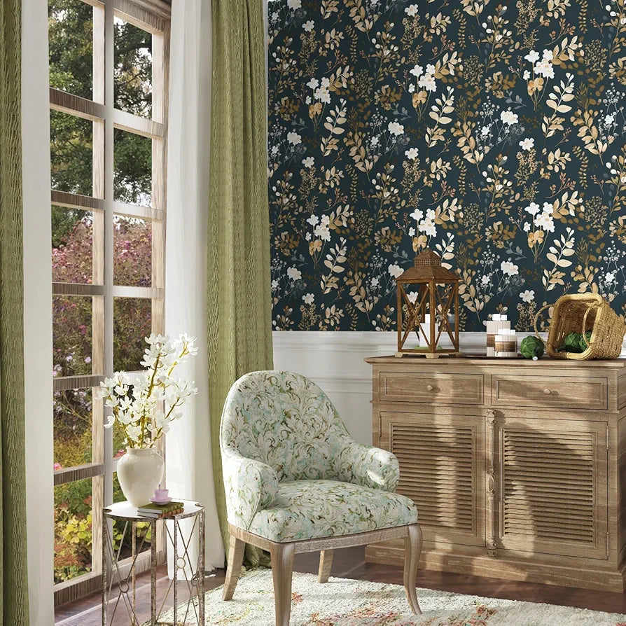 Floral Wallpaper Peel and Stick Boho Wallpaper Vintage Blue/Gold Leaf Contact Paper Waterproof Self Adhesive Modern Wall Paper for Cabinet Walls Kitchen 17.5in x118in