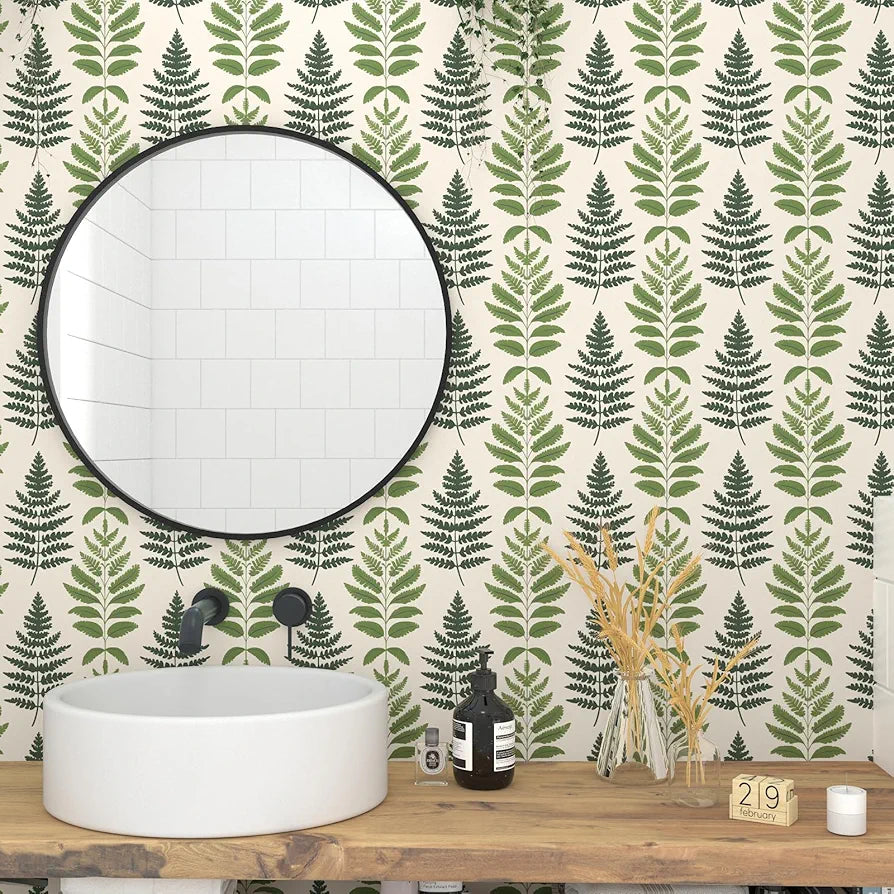 Green Leaf Wallpaper Peel and Stick, Muted Beige Botanical Leaves Contact Paper, Modern Vinyl Boho Wall Paper Self Adhesive Waterproof for Bedroom Cabinet Shelf Drawer Table Countertop 17.5" x 118"