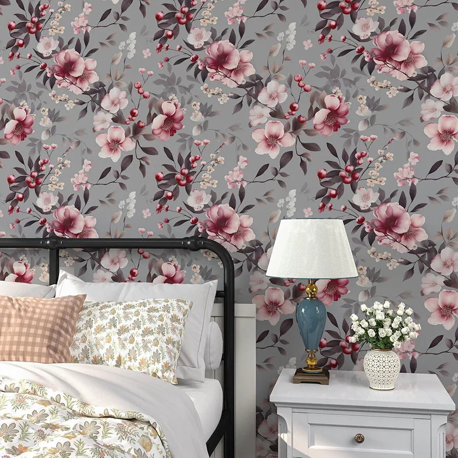Pink Flowers Wallpaper Peel and Stick, Grey Floral Contact Paper, Vintge Botanical Boho Wall Paper Self Adhesive Waterproof Removable for Room Shelves Cabinet Drawer Table Decor 17.5" x 118"