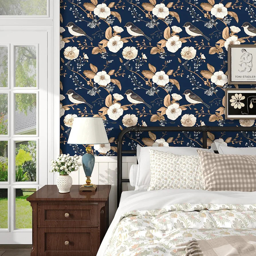 Blue Birds Wallpaper Peel and Stick Floral Botanical Contact Paper 17.5" x 118" Vintage Trees Flowers Wall Mural Boho Wallpaper Removable Self Adhesive Waterproof for Room Shelves Cabinet Drawer