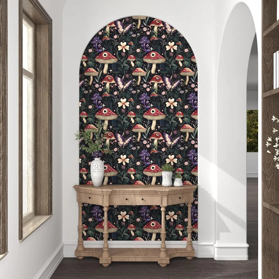 Fairy Mushroom Wallpaper Peel and Stick Boho Wallpaper 17.5in x118in Vintage Contact Paper Vinyl Self Adhesive Dark Floral Modern Wall Paper for Bedroom Cabinet Table Locker