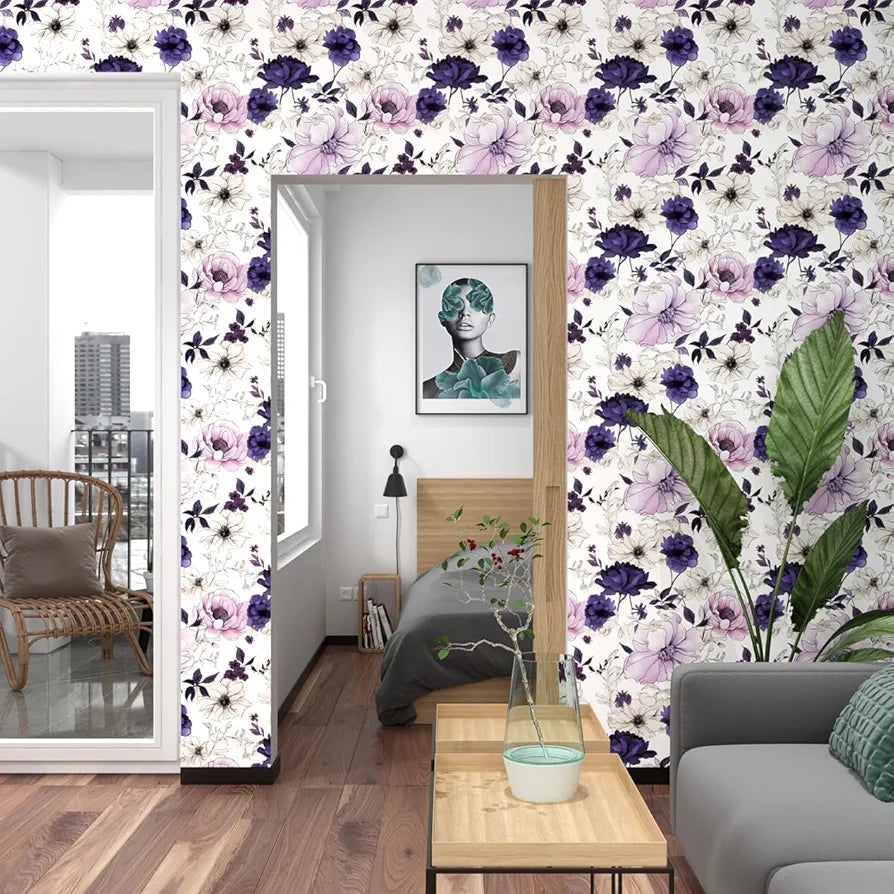 Floral Peel and Stick Wallpaper,Purple/White/Pink Watercolor Flower Contact Paper, Botanical Wall Paper Mural Self Adhesive Removable Waterproof for Bedroom Shelves Cabinet Drawer Table 17.5" x 118"