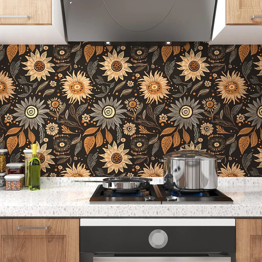 Dark Wallpaper Peel and Stick Boho Wallpaper for Bedroom Black Floral Contact Paper Waterproof Self Adhesive Vintage Wall Mural Walls Drawers Bookcase 17.5in x118in