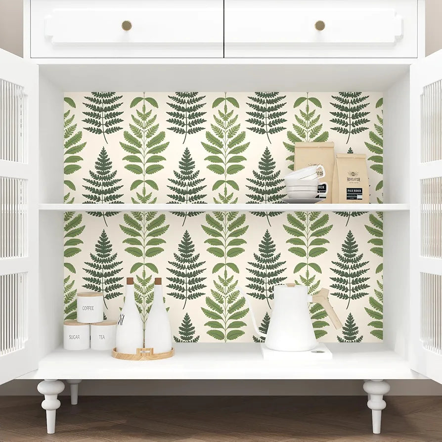 Green Leaf Wallpaper Peel and Stick, Muted Beige Botanical Leaves Contact Paper, Modern Vinyl Boho Wall Paper Self Adhesive Waterproof for Bedroom Cabinet Shelf Drawer Table Countertop 17.5" x 118"