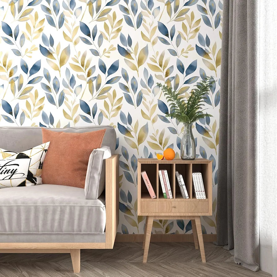 Leaf Wallpaper Peel and Stick, Golden Blue Leaves Contact Paper 17.5" x 118", White Gold Botanical Wall Paper Self Adhesive Waterproof Removable for Room Shelves Cabinet Drawer Table Decor