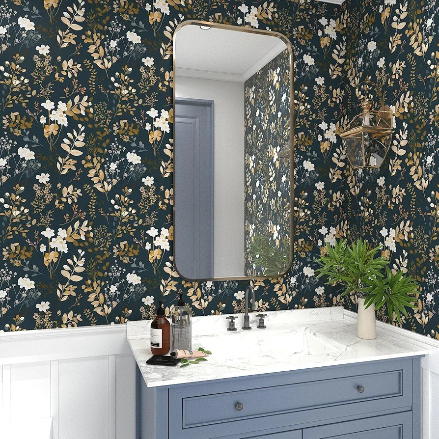 Floral Wallpaper Peel and Stick Boho Wallpaper Vintage Blue/Gold Leaf Contact Paper Waterproof Self Adhesive Modern Wall Paper for Cabinet Walls Kitchen 17.5in x118in