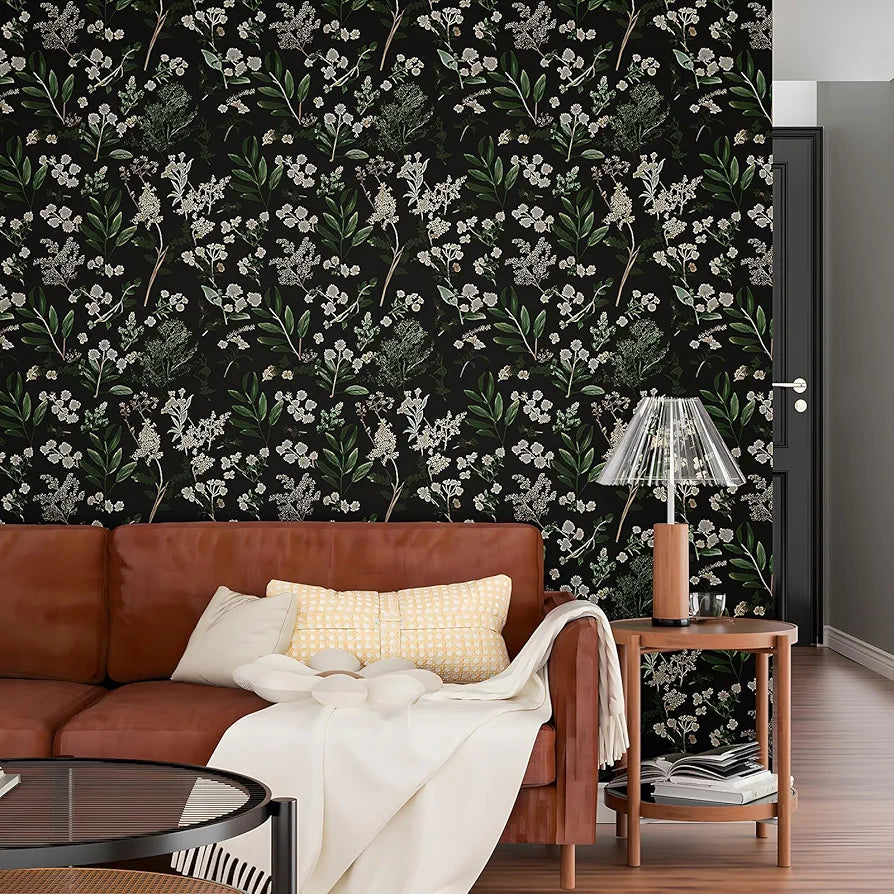 Dark Floral Wallpaper Peel and Stick Green Leaf Wallpaper Vintage Flowers Contact Paper Waterproof Self Adhesive Boho Delicate Wall Paper for Cabinet Kitchen Walls Locker 17.5in x9.8ft