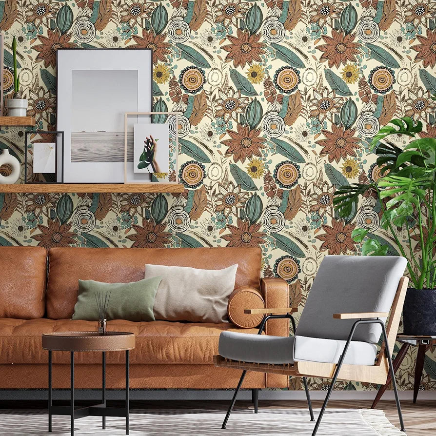 Boho Wallpaper Peel and Stick,Vintage Floral Contact Paper 17.5" x 118", Retro Botanical Flowers Wall Paper Self Adhesive Removable Waterproof for Walls Shelves Cabinet Table