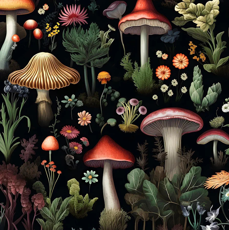 Mushrooms Wallpaper Peel and Stick, Vintage Dark Contact Paper 17.5" x 118", Boho Floral Wall Paper Mural Removable Self Adhesive Waterproof for Room Shelves Cabinet Drawer Table