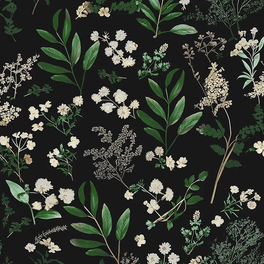 Dark Floral Wallpaper Peel and Stick Green Leaf Wallpaper Vintage Flowers Contact Paper Waterproof Self Adhesive Boho Delicate Wall Paper for Cabinet Kitchen Walls Locker 17.5in x9.8ft