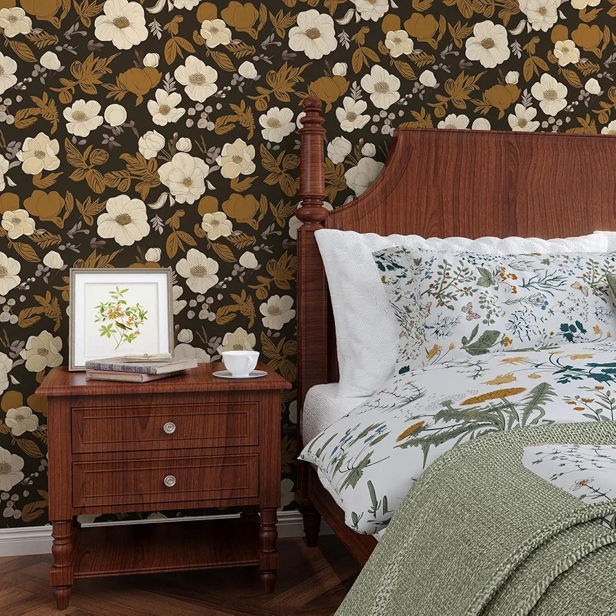 Dark Brwon Floral Wallpaper Peel and Stick, Beige Flower Contact Paper With Yellow Leaf, Botanical Wall Paper Self Adhesive Waterproof Removable for Room Shelves Cabinet Drawer Table 17.5" x 118"