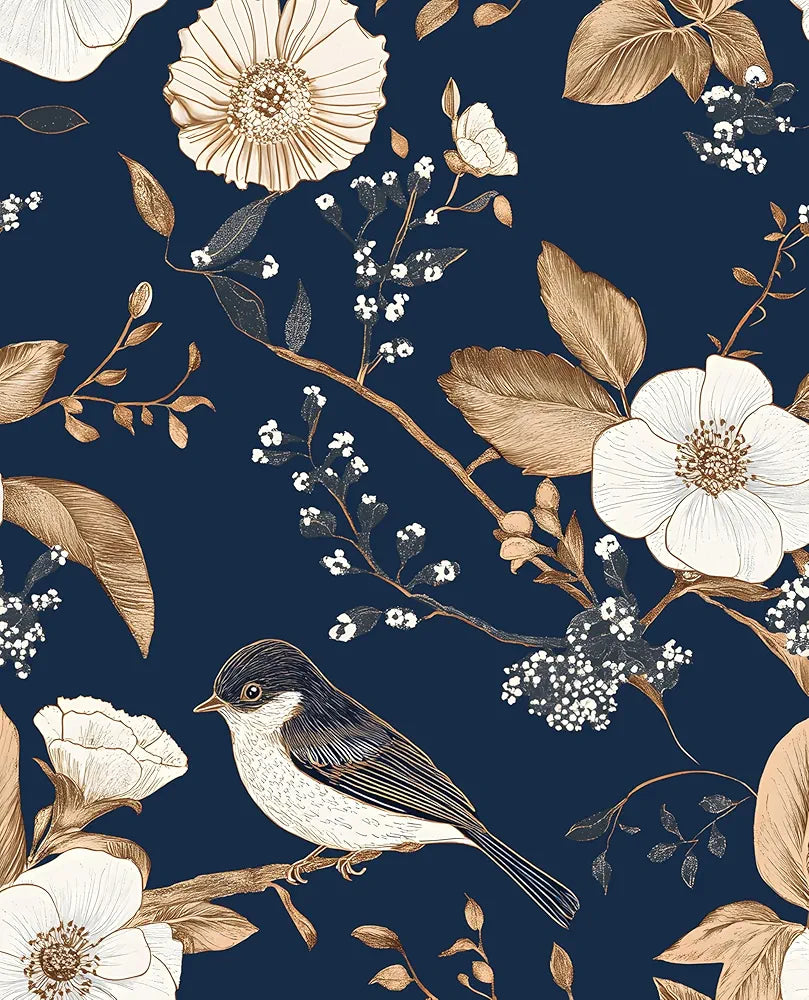 Blue Birds Wallpaper Peel and Stick Floral Botanical Contact Paper 17.5" x 118" Vintage Trees Flowers Wall Mural Boho Wallpaper Removable Self Adhesive Waterproof for Room Shelves Cabinet Drawer