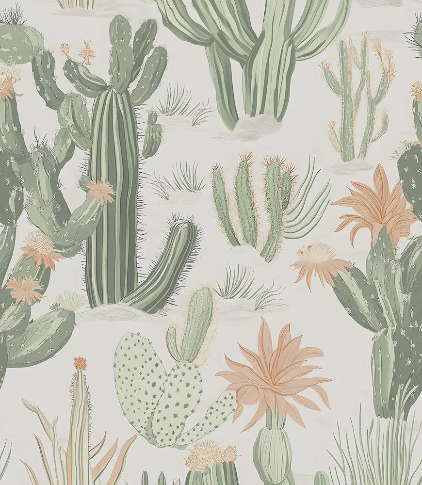 Cactus Wallpaper Peel and Stick, Beige Green Succulent Contact Paper, 17.5" x 118" Floral Boho Botanical Wall Paper Self Adhesive Removable Waterproof for Bedroom Cabinet Drawer Table Decor