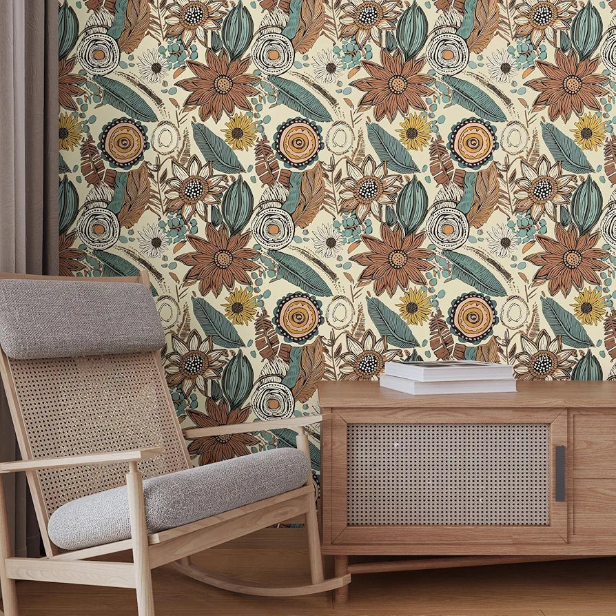 Boho Wallpaper Peel and Stick,Vintage Floral Contact Paper 17.5" x 118", Retro Botanical Flowers Wall Paper Self Adhesive Removable Waterproof for Walls Shelves Cabinet Table