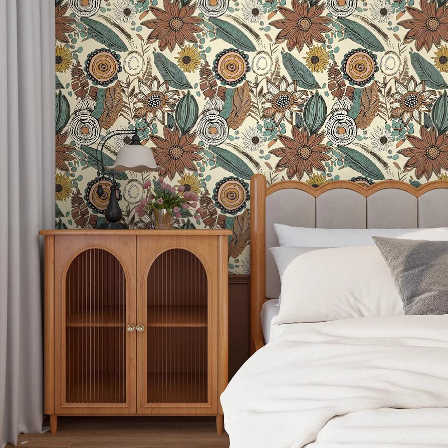Boho Wallpaper Peel and Stick,Vintage Floral Contact Paper 17.5" x 118", Retro Botanical Flowers Wall Paper Self Adhesive Removable Waterproof for Walls Shelves Cabinet Table