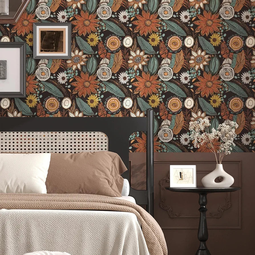 Boho Floral Wallpaper Peel and Stick,Vintage Botanical Contact Paper 17.5" x 118", Retro Flowers Wall Paper Self Adhesive Removable Waterproof for Walls Shelves Cabinet Table