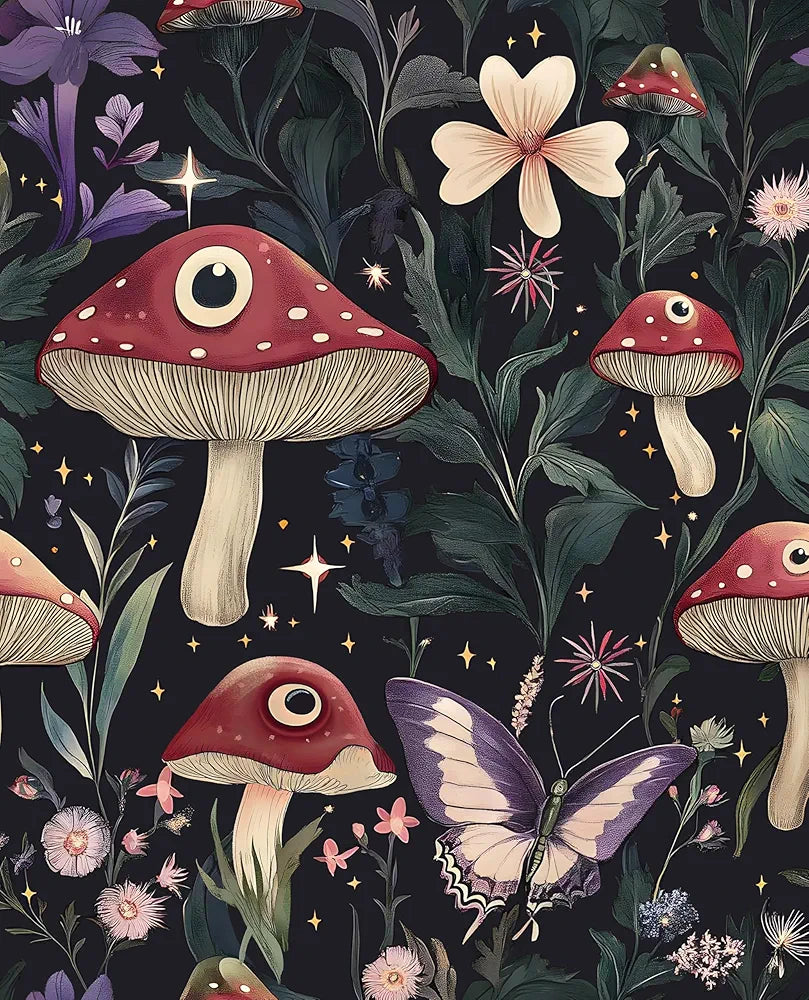 Fairy Mushroom Wallpaper Peel and Stick Boho Wallpaper 17.5in x118in Vintage Contact Paper Vinyl Self Adhesive Dark Floral Modern Wall Paper for Bedroom Cabinet Table Locker