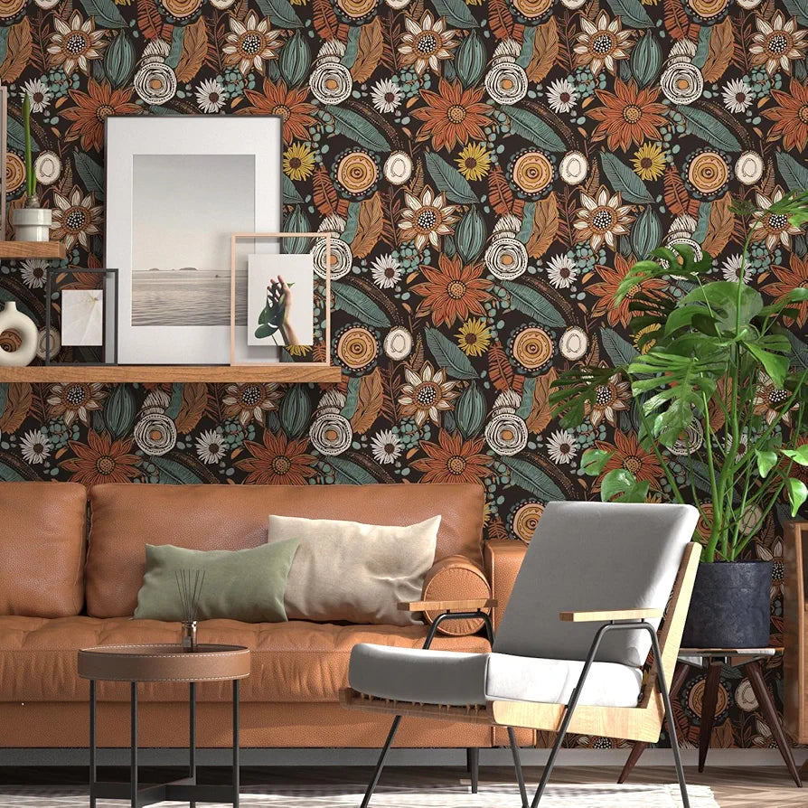 Boho Floral Wallpaper Peel and Stick,Vintage Botanical Contact Paper 17.5" x 118", Retro Flowers Wall Paper Self Adhesive Removable Waterproof for Walls Shelves Cabinet Table