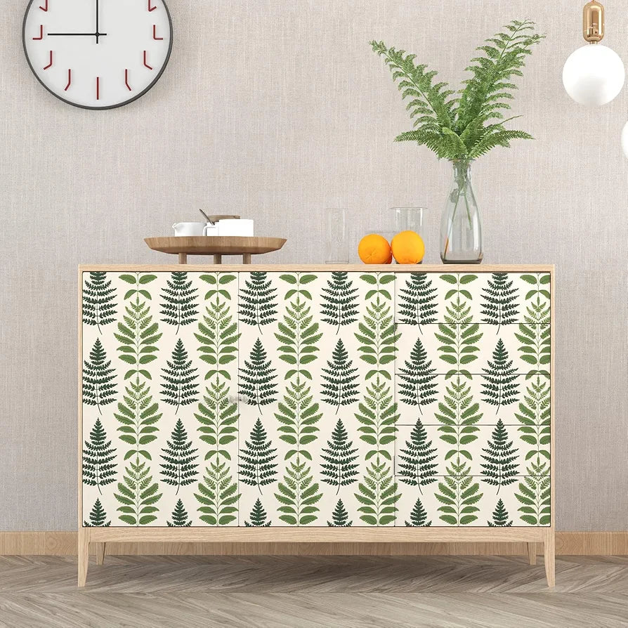 Green Leaf Wallpaper Peel and Stick, Muted Beige Botanical Leaves Contact Paper, Modern Vinyl Boho Wall Paper Self Adhesive Waterproof for Bedroom Cabinet Shelf Drawer Table Countertop 17.5" x 118"
