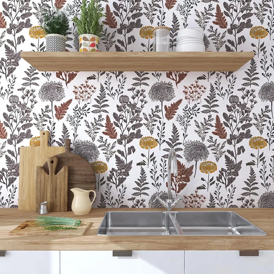 Botanical Wallpaper Peel and Stick, Vintage Floral Contact Paper 17.5" x 118", Jungle Wall Paper Mural Removable Self Adhesive Waterproof for Room Shelves Cabinet Drawer Table