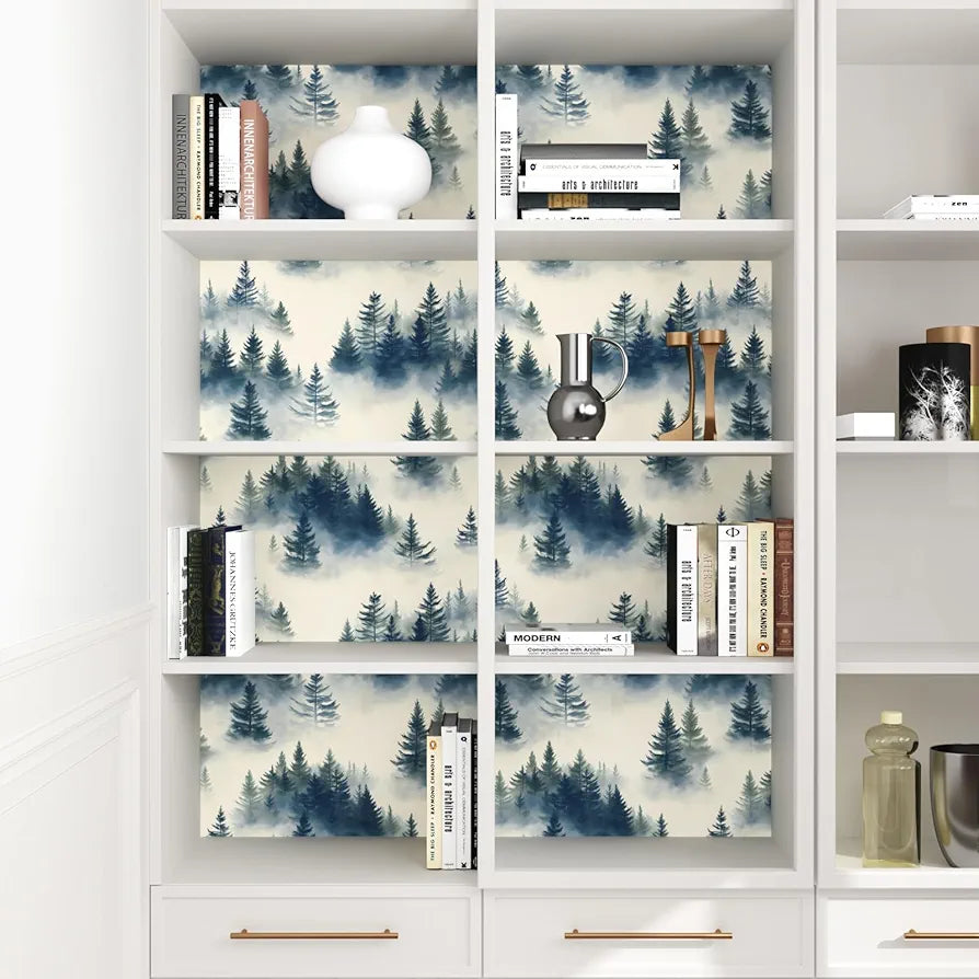 Blue Foggy Forest Wallpaper Peel and Stick Misty Woodland Tree Wall Mural Boho Wallpaper 17.5" x 118" Waterproof Self-Adhesive Modern Floral Wall Paper for Room Cabinet Kitchen Locker