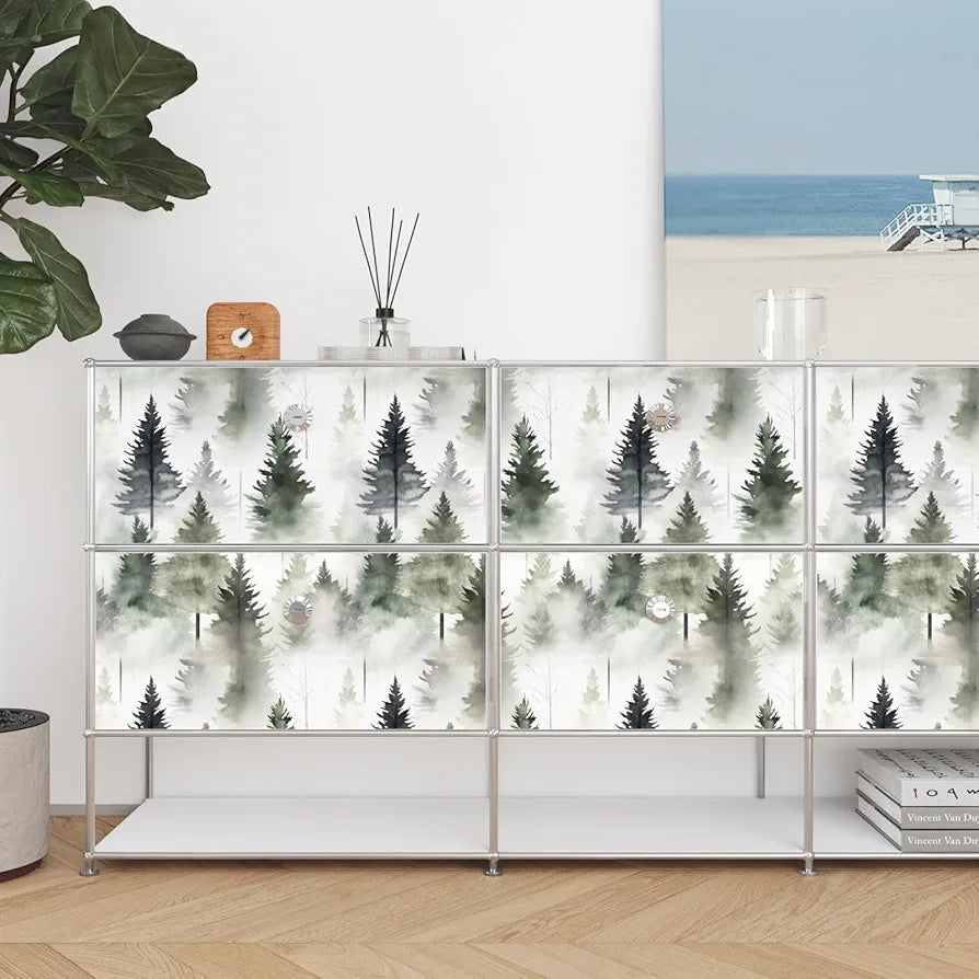 Foggy Forest Wallpaper Peel and Stick Misty Woodland Wall Mural Green Tree Contact Paper Waterproof Self-Adhesive Modern Wall Paper for Bedroom Cabinet Drawer Decor 17.5in x118in
