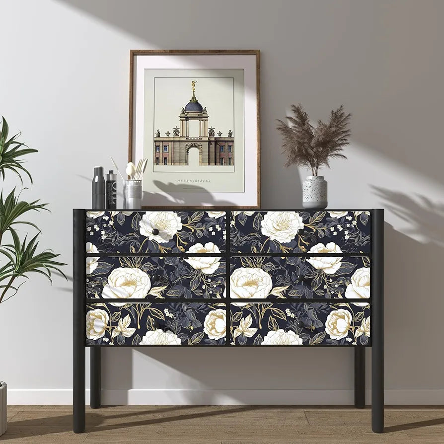 Boho White Gold Floral Wallpaper Peel and Stick Dark Blue Contact Paper 17.5“x118” Vinyl Waterproof Self Adhesive Botanical Wall Paper for Cabinet Drawer Walls Bathroom