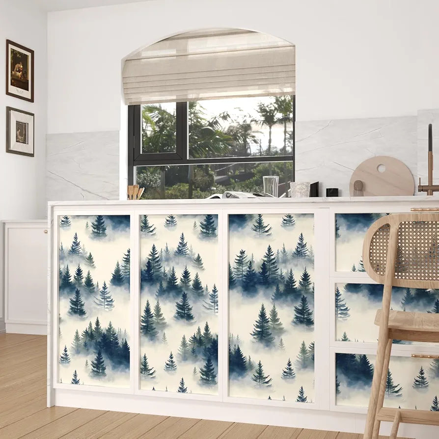 Blue Foggy Forest Wallpaper Peel and Stick Misty Woodland Tree Wall Mural Boho Wallpaper 17.5" x 118" Waterproof Self-Adhesive Modern Floral Wall Paper for Room Cabinet Kitchen Locker