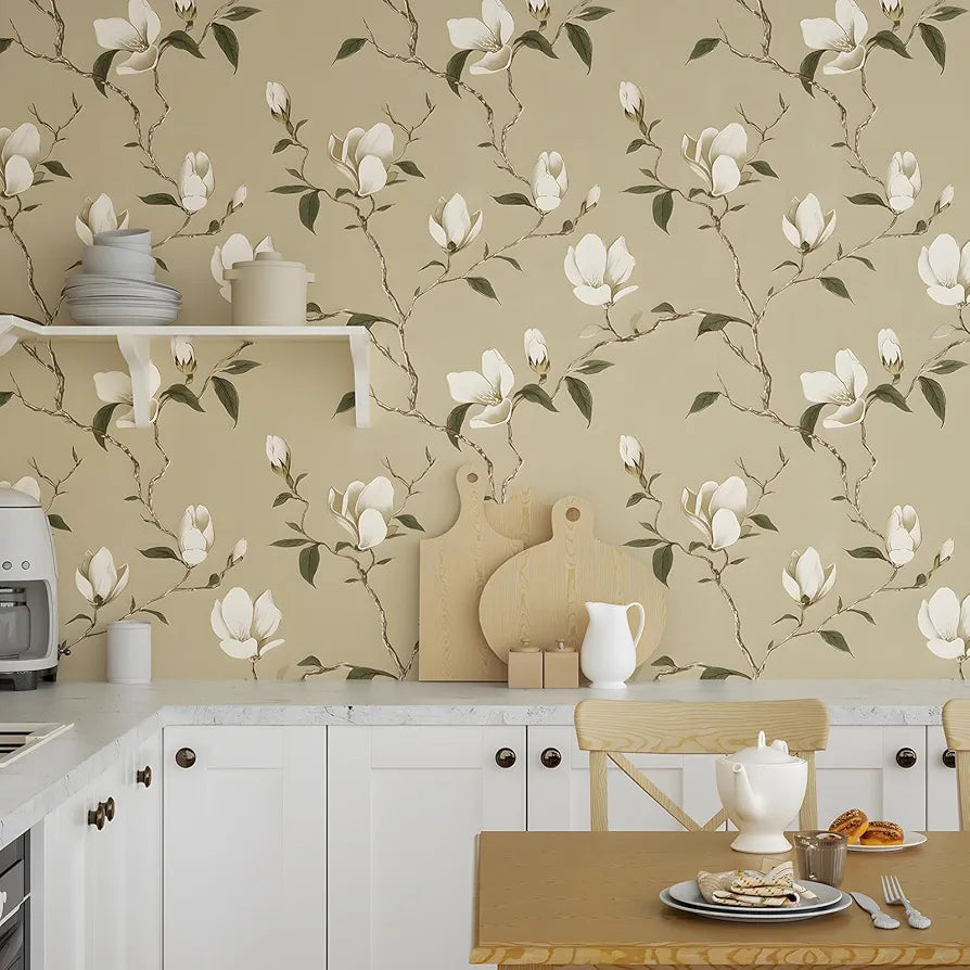 Floral Wallpaper Peel and Stick Vintage Flowers Contact Paper Waterproof Self Adhesive Removable Khaki Botanical Modern Wall Paper for Bedroom Walls Cabinet Locker 17.5" X 118"
